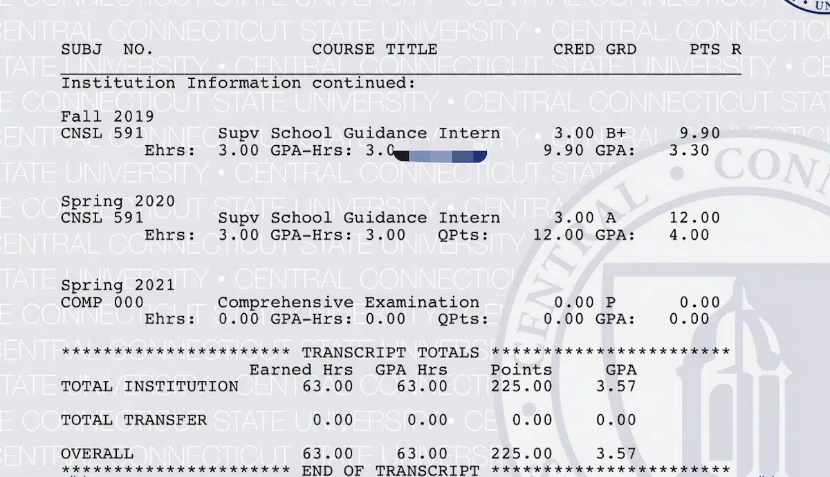 Precise US University Transcript GPA Layout and Course Codes