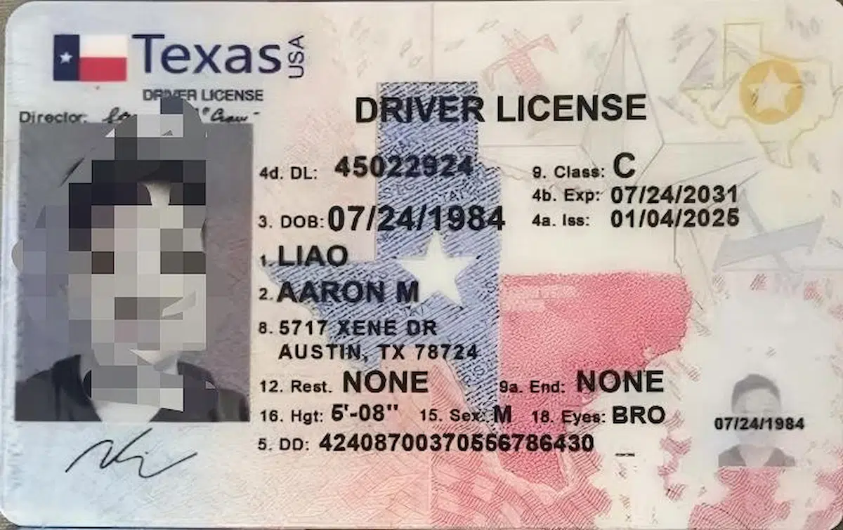 Texas TX License Sample