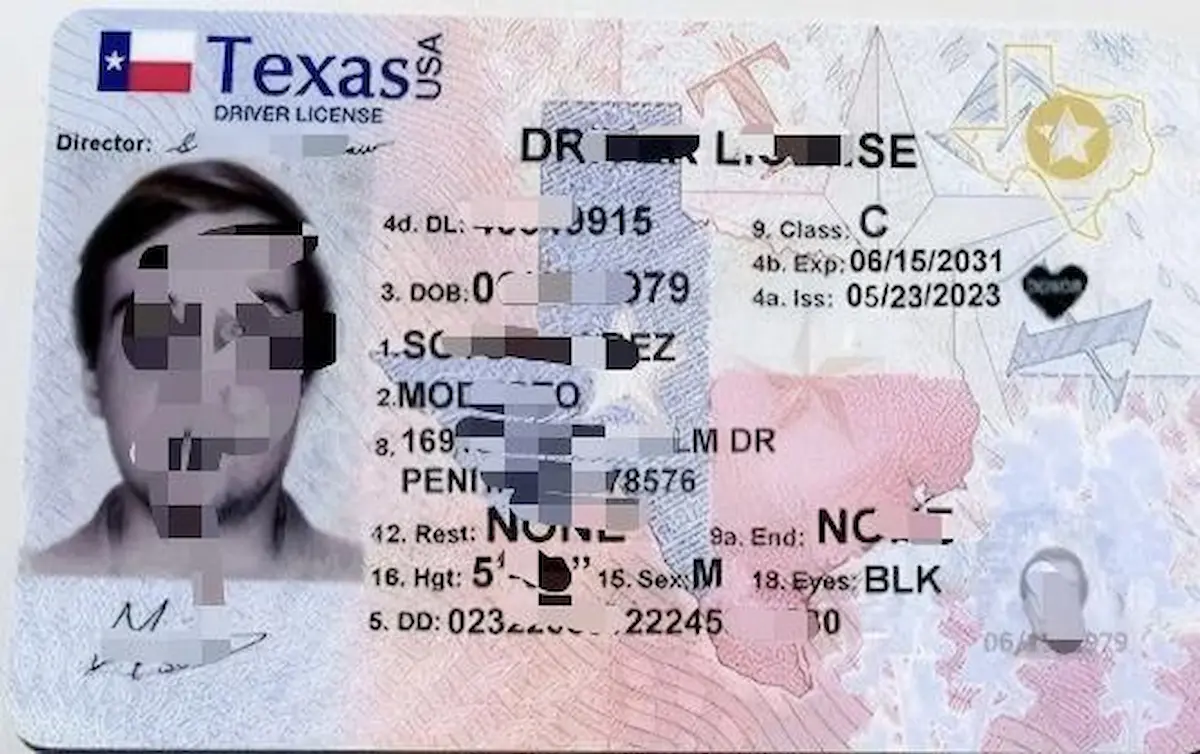 Texas TX custom ID physical sample